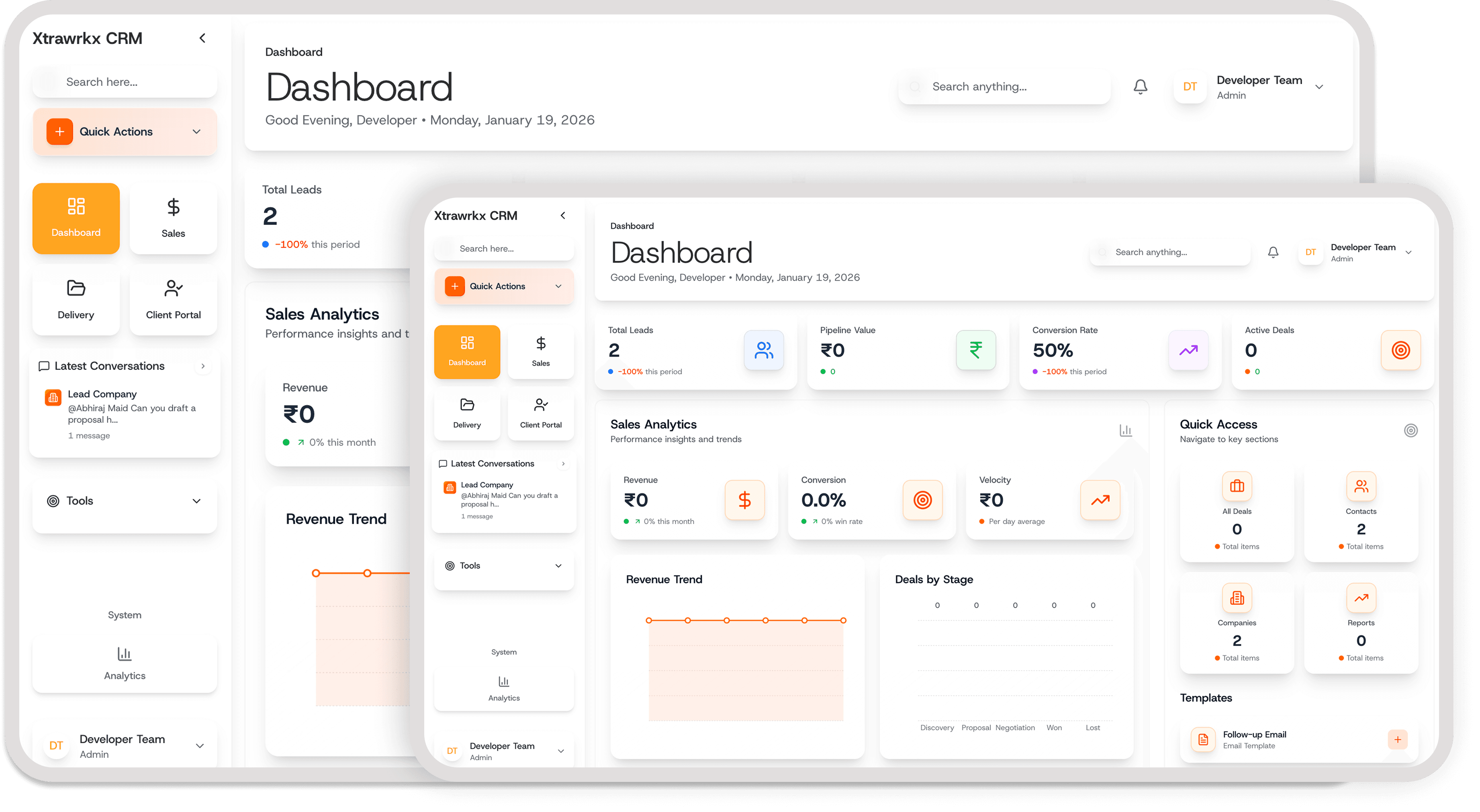 Webfudge platform dashboard and CRM interface